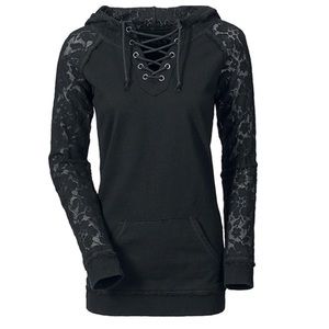 RebelsMarket Black Goth Punk Rock Lace Sleeve Hoodie Sweater Jacket Lace Up